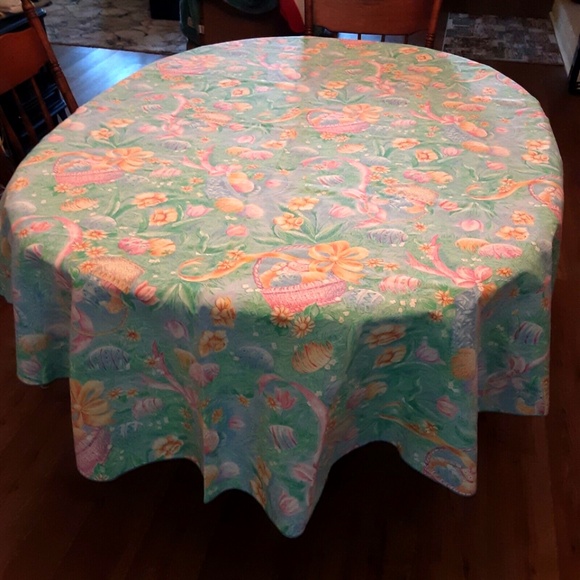 TABLECLOTH & 10 NAPKINS Easter Spring Lrg Oval 82x60 Basket Eggs Flowers Blue - Picture 5 of 8